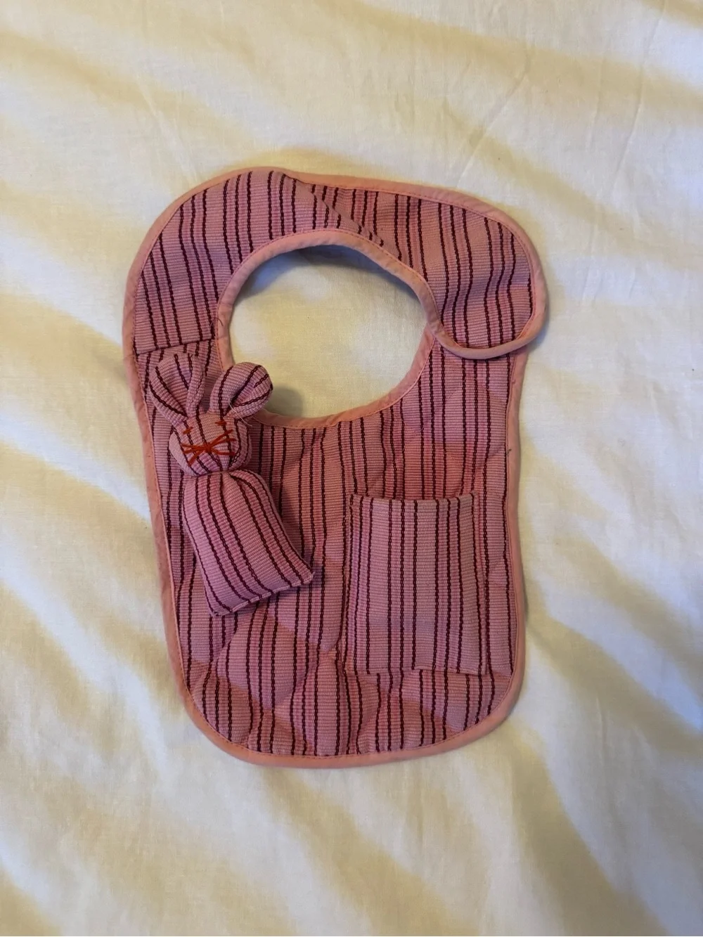 Kids Pink Striped Bib with Bunny Pocket